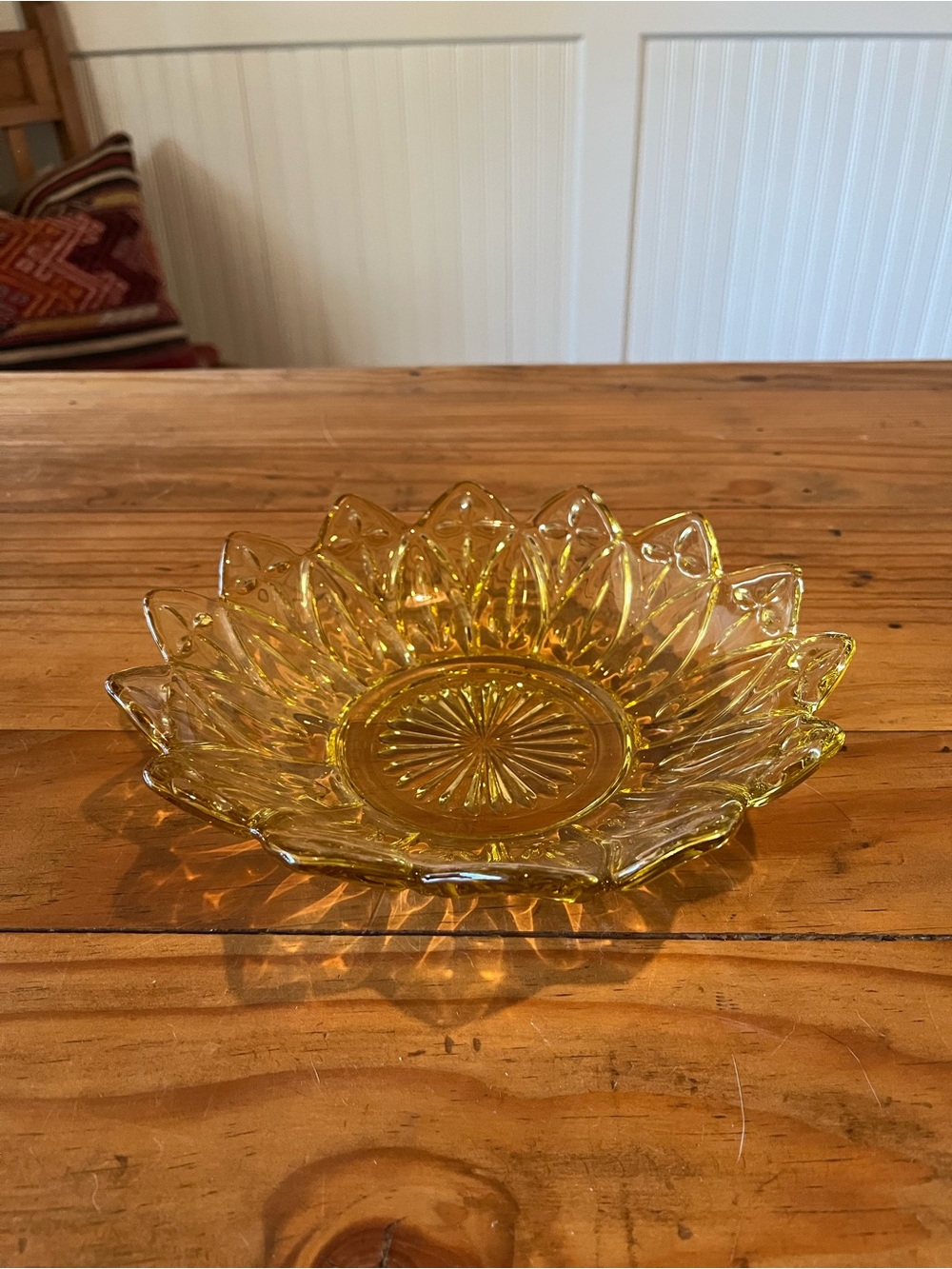 Vintage Starburst Petal Sunflower Amber Pressed Glass Bowl